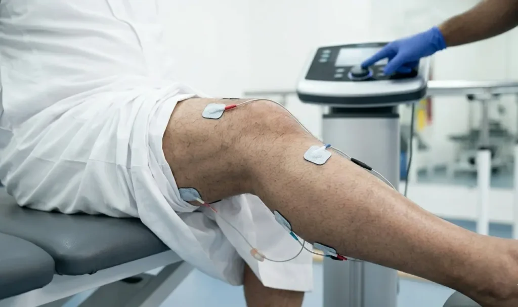 لقطة ختامية تعبر عن النجاح والأمل. المريض يمشي بشكل مستقل (أو بمساعدة خفيفة جداً) في ممر المركز، مع ابتسامة عريضة