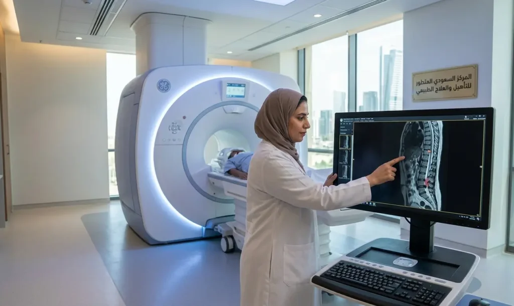 لقطة واقعية احترافية من داخل غرفة رنين مغناطيسي (MRI) حديثة في مركز طبي بالرياض. تظهر طبيبة أشعة سعودية ترتدي الحجاب الأبيض وتشير بعناية إلى شاشة عالية الدقة تعرض تفاصيل دقيقة للحبل الشوكي والعمود الفقري. الإضاءة خافتة وزرقاء لتبرز التكنولوجيا المتقدمة والدقة في التشخيص. يظهر جزء من جهاز الرنين المغناطيسي في الخلفية.