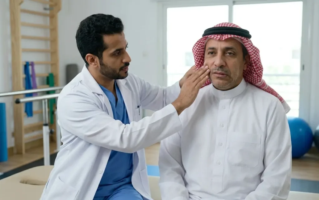 صورة لمشهد طبي احترافي داخل مركز علاج طبيعي متطور في السعودية. طبيب علاج طبيعي (ممارس صحي سعودي يرتدي السكراب الأزرق والبالطو الأبيض) يقوم بفحص مريض سعودي (يرتدي الثوب والشماغ) جالس على سرير الفحص. الطبيب يبتسم بطمأنينة ويطلب من المريض رفع حاجبيه. المريض يحاول الرفع، ويظهر الضعف في جانب واحد فقط (كما في الصورة السابقة لضمان الاستمرارية). التركيز على التفاعل المطمئن والتشخيص الدقيق واستبعاد الأعراض الأخرى.