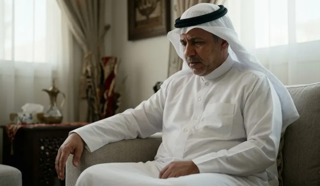 صورة درامية وهادئة تعبر عن الصدمة وفقدان القدرة على الحركة في بيئة منزلية سعودية