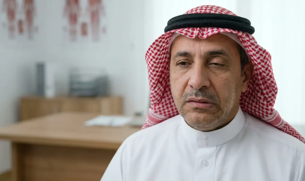 صورة قريبة لوجه رجل سعودي في منتصف العمر، يرتدي الشماغ والثوب الأبيض، ويظهر عليه بوضوح تدلي بسيط في زاوية الفم وجفن العين على الجانب الأيمن من الوجه (علامات شلل الوجه النصفي). تعابير وجهه تظهر القلق الخفيف. الخلفية عبارة عن عيادة طبيب نظيفة ومضاءة جيداً بديكور عصري وهادئ.