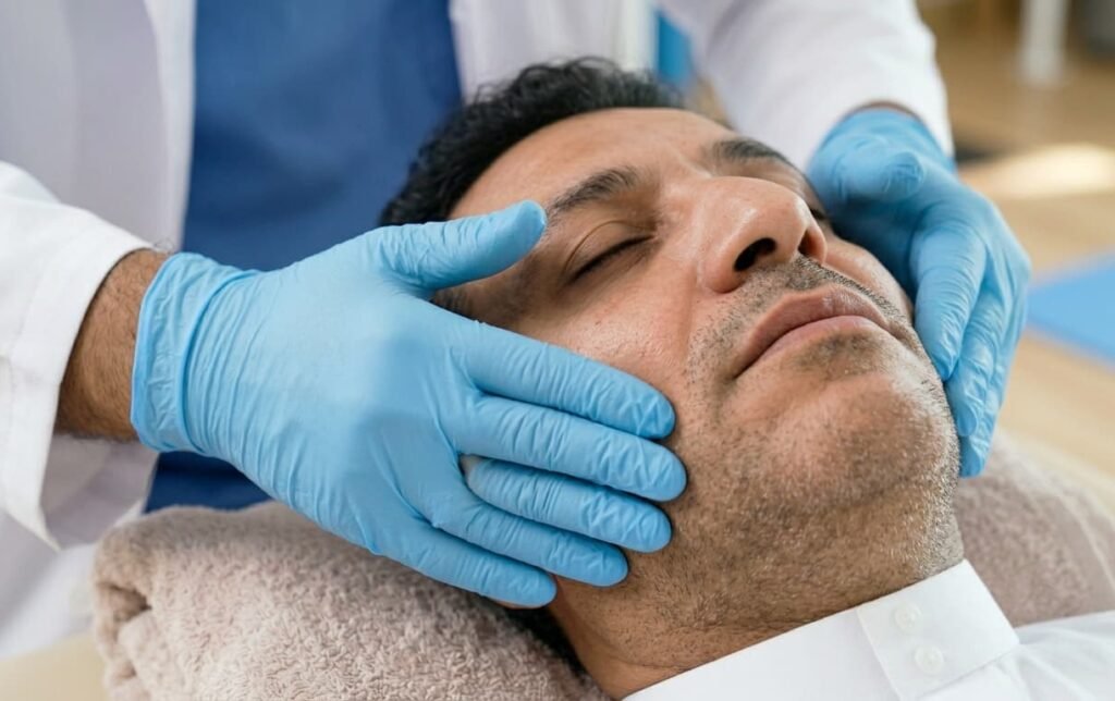 لقطة قريبة ليدي طبيب العلاج الطبيعي السعودي (نفس الطبيب في الصورة السابقة، يرتدي القفازات الطبية الزرقاء) وهي تقوم بعمل تدليك دائري رقيق ولطيف بأطراف الأصابع على عضلات الخد الأيمن "المصاب" للمريض (نفس المريض من الصور السابقة). المريض مغمض العينين باسترخاء تلم. الإضاءة دافئة وناعمة، والتركيز بالكامل على حركة اليدين والوجه المصاب.